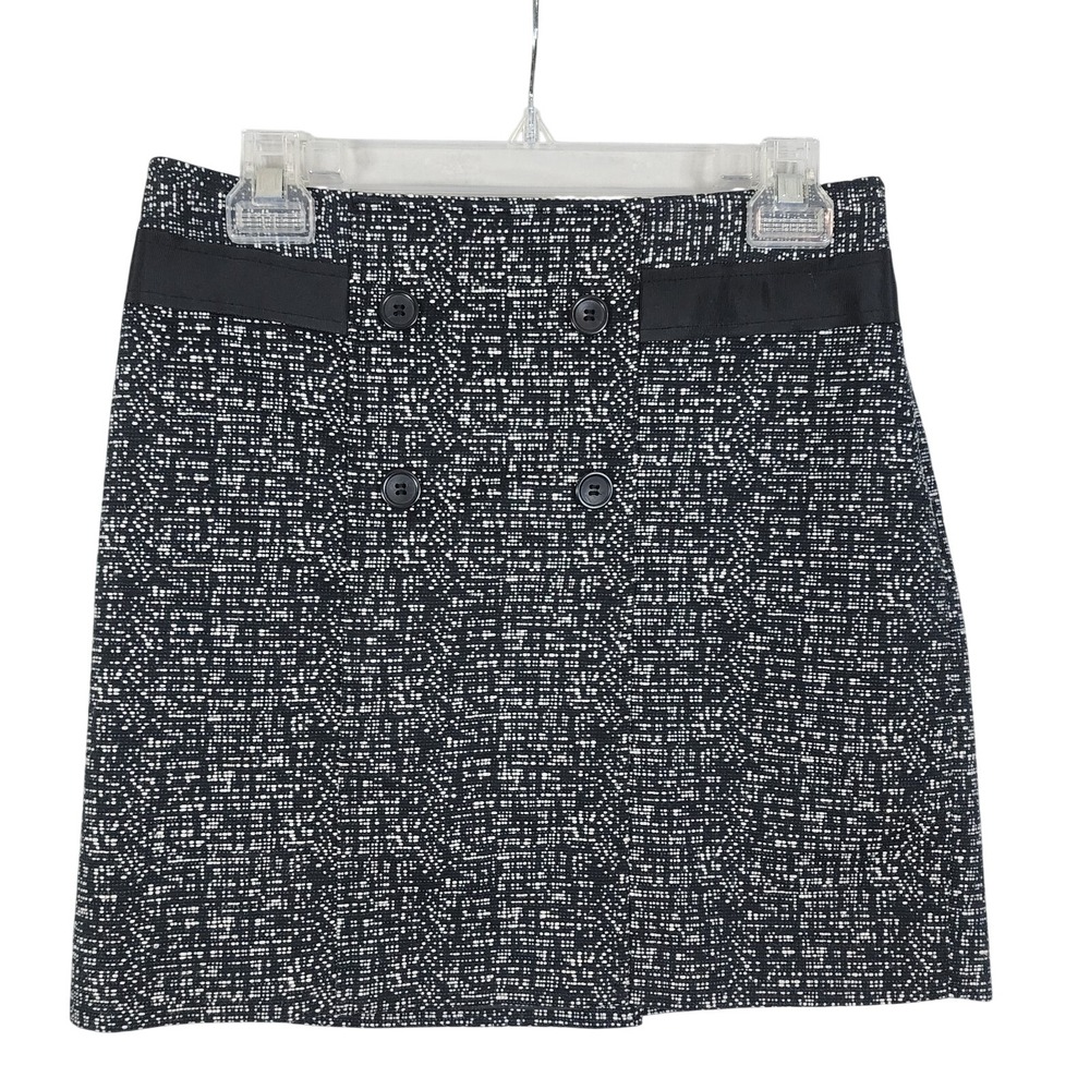 Vtg FORENZA Size 4 Black & White Tweed Micro Mini Skirt Button & Ribbon Accents